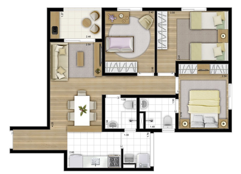 3 Dorms. 65m² - perspectiva ilustrada - Fatto Acqua