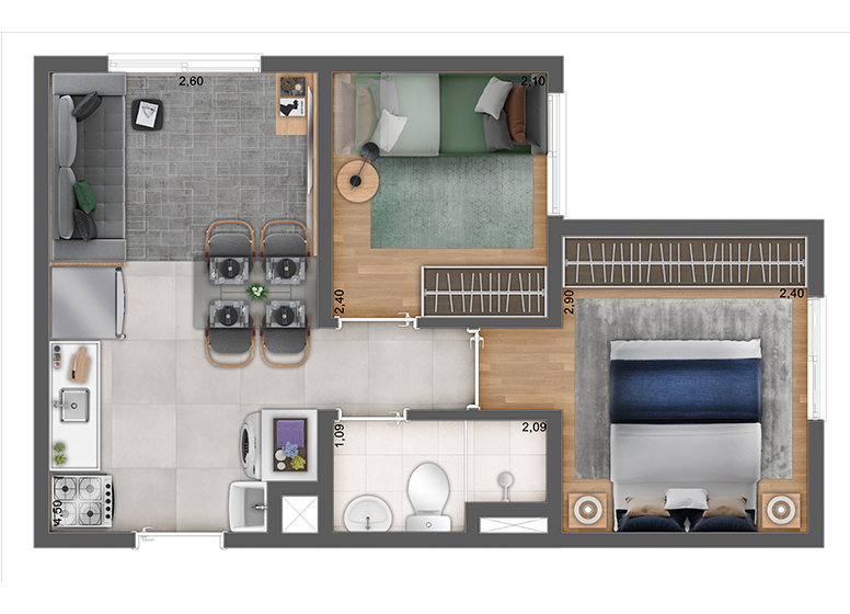 Planta 32,21m² (Finais 3 e 9) - Perspectiva Ilustrada - Apartamento canto - Plano&amp;Vila Ré